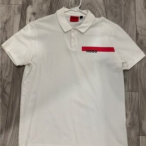 HUGO White Polo Shirt with Red Accent Size Medium Regular Fit